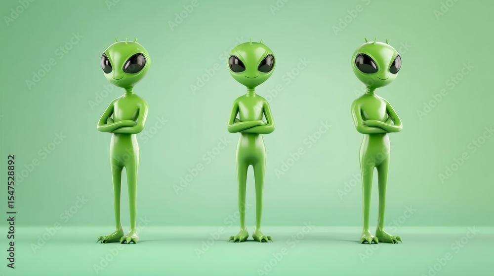Poster three green alien characters standing confidently with arms crossed against a soft green background,