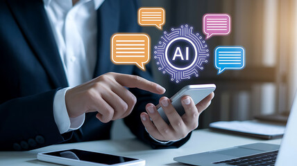 Naklejka premium Person Using AI Chatbot on Smartphone – Digital Speech Bubbles, LLM Interaction, and Virtual Assistant Technology AI chatbot, smartphone chat, digital speech bubbles, LLM, large language model, AI as 