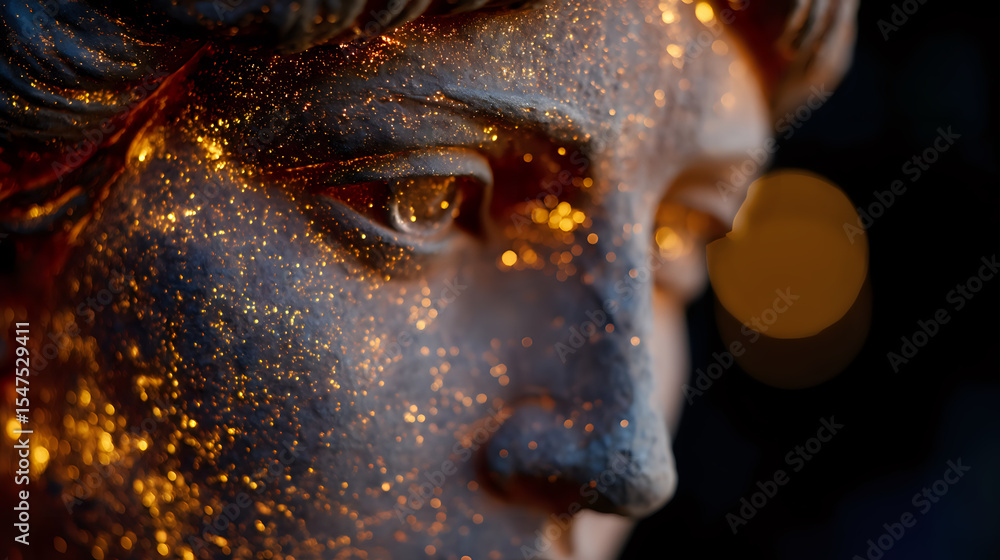 Poster close up portrait with golden glitter makeup and sparkles on dark skin in dramatic lighting, creatin
