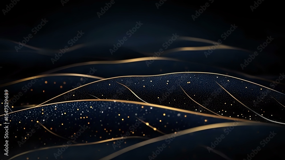 Poster elegant dark waves with golden light trails and sparkles on black background create luxurious abstra
