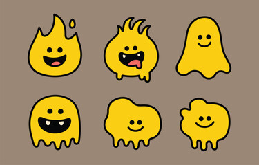 Fototapeta premium Six adorable yellow cartoon characters with happy faces fire spiky hair ghosts and amorphous shapes