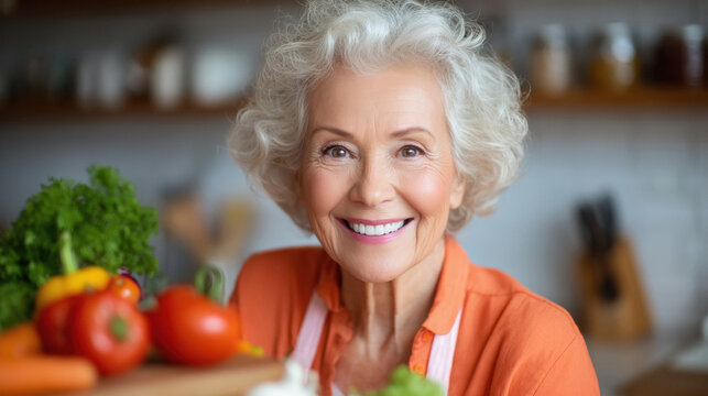 happy senior woman holding vegetable