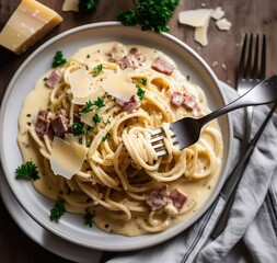 Close up of carbonara pasta on a plate with a fork and parmesan cheese on a wooden background top view