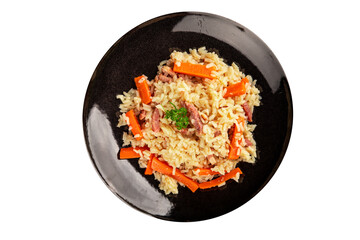 Rice meat and vegetables pilaf fresh delicious gourmet food background on the table rustic food top view copy space