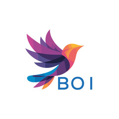 Naklejka premium BOI Colorful Abstract Bird Logo Design – BOI Later Logo, Modern Geometric Flying Bird with BOI Text on White Background. 