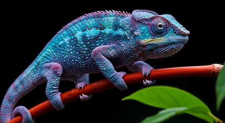 Obraz premium Beautiful close up shot of a panther chameleon perched on a branch against a black background