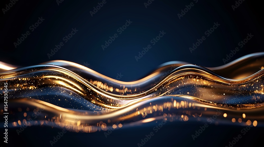 Poster luxurious golden liquid waves with sparkling particles flow against dark blue background creating el