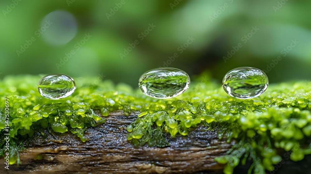 Aufkleber pristine water drops on green moss covered tree bark create magical macro nature scene with bokeh ba