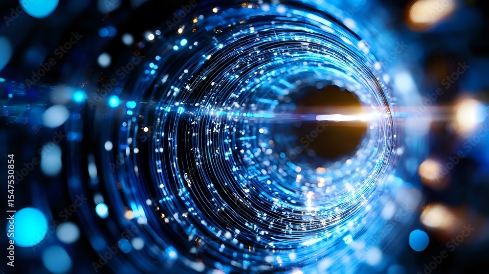 Poster glowing blue digital tunnel with light streaks and particles creating futuristic cyber perspective. 