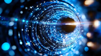 Obraz premium Glowing blue digital tunnel with light streaks and particles creating futuristic cyber perspective. Abstract technology background for digital transformation concepts.