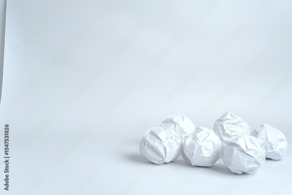 Poster crumpled white paper balls scattered on white surface creating minimalist composition with soft shad
