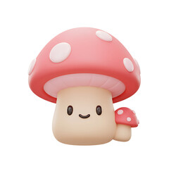 Two smiling cartoon mushrooms in a soft, pleasant natural scene