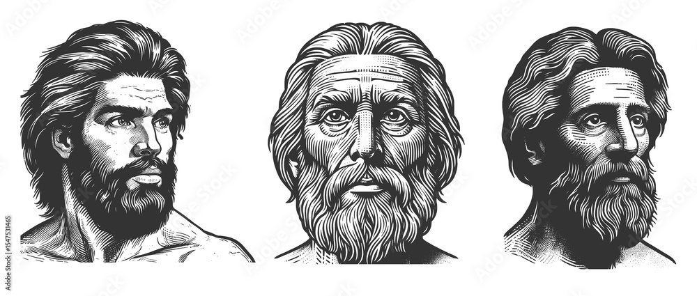 Poster caveman and rugged primitive man with wild hair set collection bundle sketch engraving generative ai