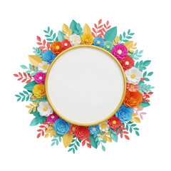 Fototapeta premium Colorful Paper Cut Flower Wreath Frame Mockup Template Isolated on White Background