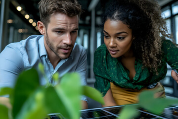Diverse business colleagues examining solar panel technology in modern office setting, discussing renewable energy solutions and sustainability initiatives.