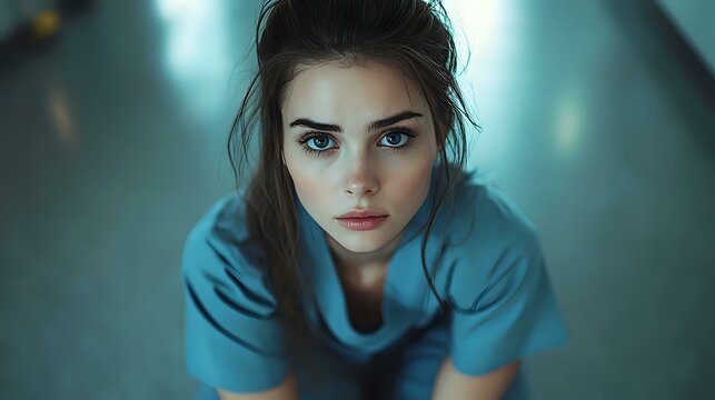 Young woman in turquoise medical scrubs looking directly at camera with intense gaze against blurred teal background, dramatic moody lighting creates atmospheric healthcare portrait.