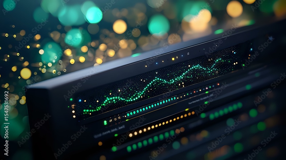 Poster digital financial graph showing market trends with glowing green line chart against dark background 