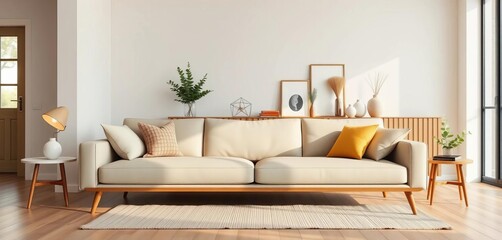 Low mid-century modern sofa, wooden accents, minimal decor, simple living room,   texture,  low sofa
