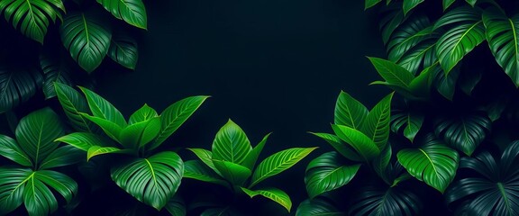 Lush green tropical foliage on dark background, ample copy space,   advertising,  nature