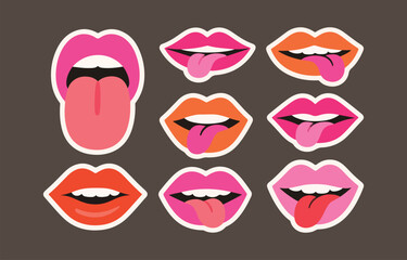 Collection of colorful lips with tongues out stickers pop art style