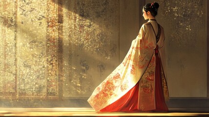Woman in traditional dress stands near a decorated wall bathed in sunlight.