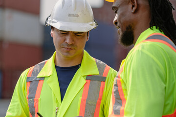 Industrial engineer standing at shipping container yard inspecting cargo delivering loading as...