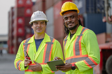 Industrial engineer standing at shipping container yard inspecting cargo delivering loading as...