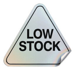 Obraz premium Holographic triangle sticker with LOW STOCK message in bold, eye-catching retail promo on transparent background.