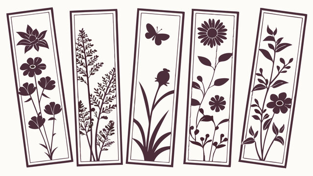 Set of Five Botanical Bookmarks with Floral and Plant Silhouette Designs Nature Theme Reading Accessories