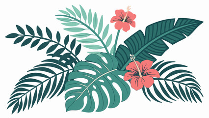 Tropical leaves and flowers summer background design element vector illustration hibiscus monstera palm jungle exotic botanical art