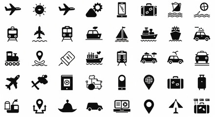Travel icons set featuring planes, trains, boats, and luggage  
