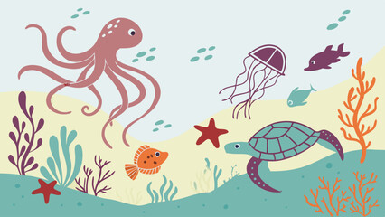 Obraz premium Cute cartoon underwater sea animals illustration octopus turtle jellyfish fish starfish marine life background
