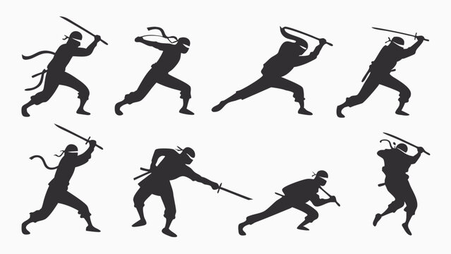 Set of Ninja Silhouettes in Dynamic Action Poses with Swords - Martial Arts Training and Combat Figures