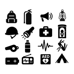 防災アイコンセット（白黒シルエット）｜Emergency Preparedness Icon Set (Black & White Silhouette)