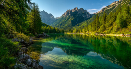 Fototapeta premium Serene mountain lake surrounded by lush forest and towering peaks under a clear blue sky