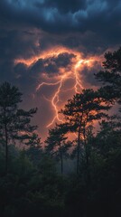 Fiery lightning illuminates dark forest, dramatic sky.
