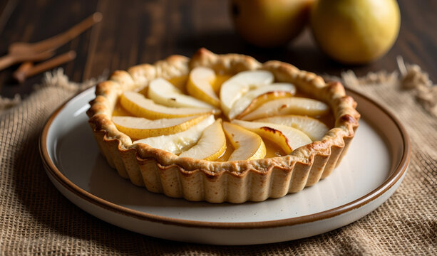 Tarta de peras dispuestas en espiral con masa dorada sobre plato blanco y fondo de madera