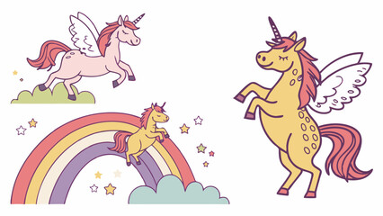 Naklejka premium Set of cute cartoon flying unicorns with rainbow clouds and stars fantasy magic illustration for kids