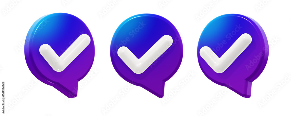 Fototapete modern round checkmark approved speech bubble with a smooth blue-to-purple gradient. 3d render icon 