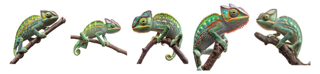 Colorful Chameleons on Branches Displaying Unique Patterns and Textures, Isolated on Transparent, white background