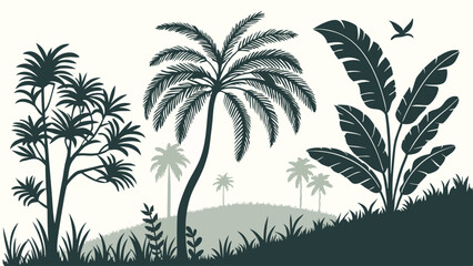 Tropical background silhouette with palm tree and banana leaves. Exotic jungle nature landscape vector.