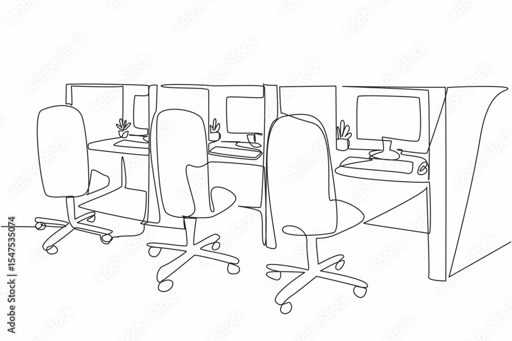 Poster continuous one line drawing cubicle office with 3 boxes in a row. design the room as for operators. 