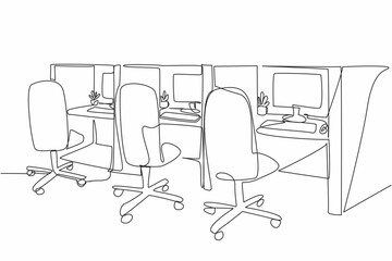 Continuous one line drawing cubicle office with 3 boxes in a row. Design the room as for operators. Comfort while working is priority. National Cubicle Day. Single line draw design vector illustration