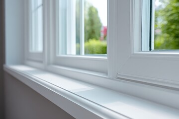 Close-up of white window trim, sunlight