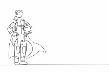 Single continuous line drawing female firefighter in full uniform and wings holding waist. Have the same ability as men. Skilled worker. National Superhero Day. One line design vector illustration