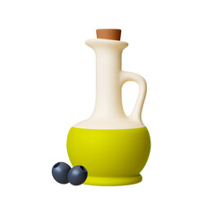 Olive oil jar 3d icon. Decanter of vegetable oil and black olives. Isolated realistic fresh mediterranean food, harvest agriculture time, vector element