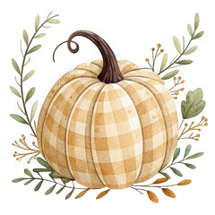 Gingham pumpkin with foliage isolated on transparent background
