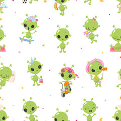 Obraz premium Cartoon green aliens seamless pattern. Isolated ufo characters in different poses. Childish design, fabric, wallpaper wrapping print vector template