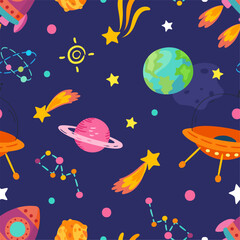 Cartoon space seamless pattern. Universe exploration, planets, stars, constellation, spaceship and alien ship. Fabric, wallpaper print design, vector background