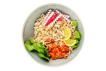 Noodle Bowl vegan fresh delicious gourmet food background on the table rustic food top view copy space keto and paleo diet vegan and vegetarian food